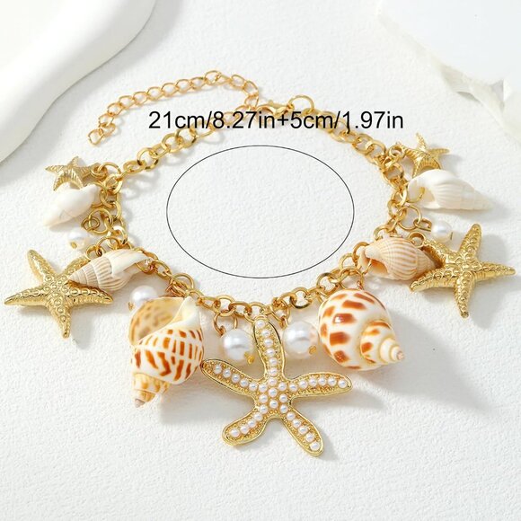 Shell Ankle Bracelet Set for Women, Gold Plated Boho Bead Adjustable Anklet, Haw - Picture 7 of 7